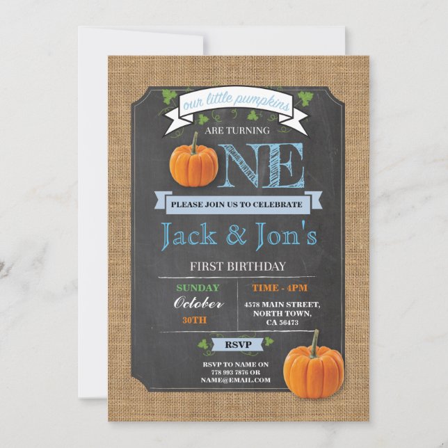 Twins Pumpkin 1st First One Birthday Party Invite (Front)