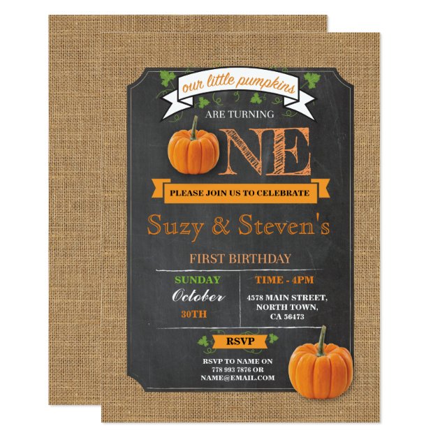 Twins Pumpkin 1st First One Birthday Party Invite