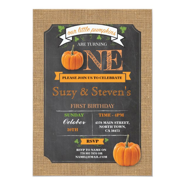 Twins Pumpkin 1st First One Birthday Party Invite
