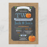 Twins Pumpkin 2nd Second Two Birthday Party Invite