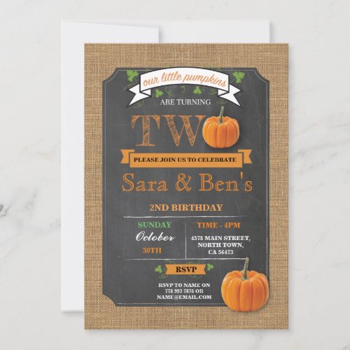 Twins Pumpkin 2nd Second Two Birthday Party Invite