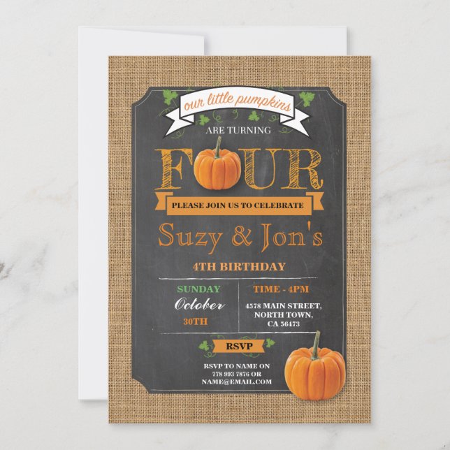 Twins Pumpkin 4TH 4 Fourth 4 Birthday Party Invite (Front)