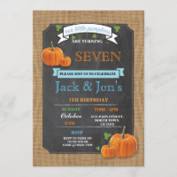 Twins Pumpkin Any Age Birthday Party Boy's Invite