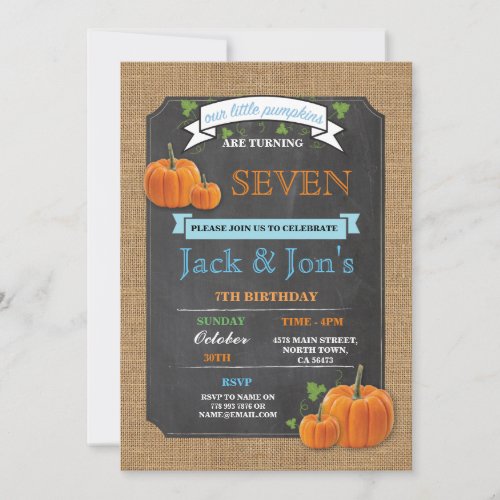 Twins Pumpkin Any Age Birthday Party Boys Invite