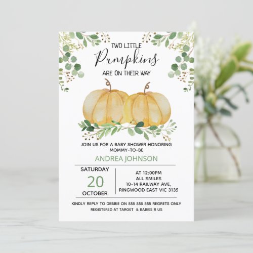 Twins Pumpkin Green Foliage Baby Shower Invitation
