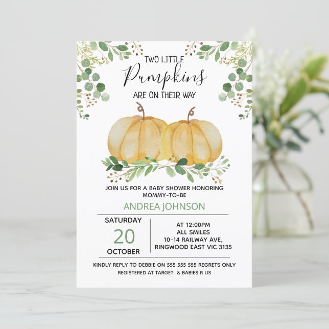 Twins Pumpkin Green Foliage Baby Shower Invitation (Standing Front)