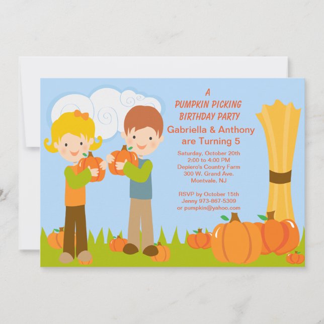 Twins Pumpkin Picking Birthday Party Invitation (Front)