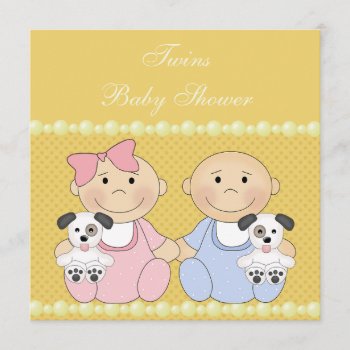 Twins & Puppies Yellow Baby Shower Invitation by AJ_Graphics at Zazzle