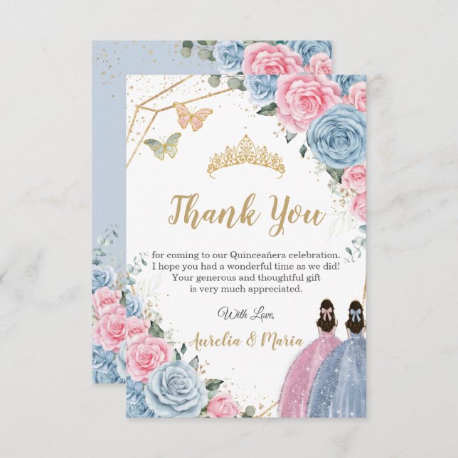 Twins Quinceañera Baby Blue Pink Floral Princesses Thank You Card (Front/Back)