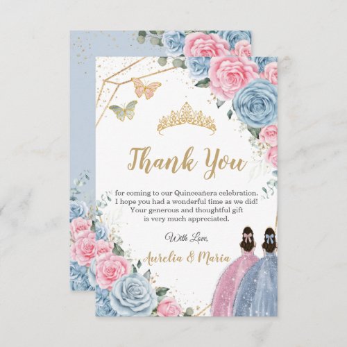 Twins Quinceaera Baby Blue Pink Floral Princesses Thank You Card