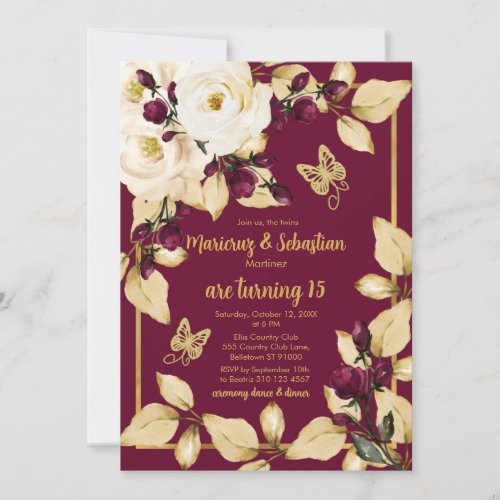 Twins Quinceaera Burgundy Champagne and Gold Invitation