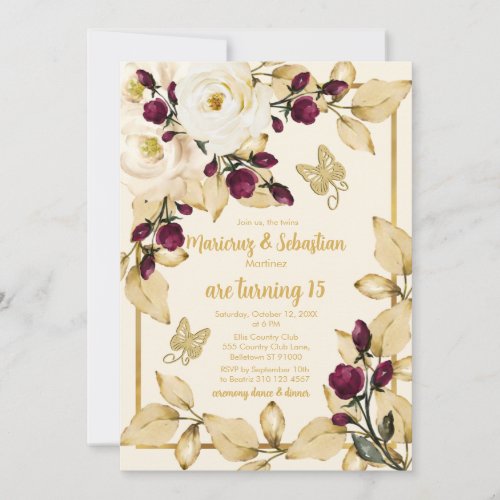 Twins Quinceaera Champagne Burgundy and Gold Invitation