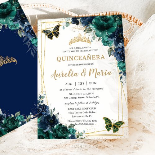 Twins Quinceaera Emerald Green Navy Blue Floral Invitation