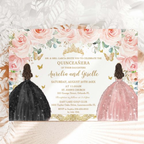 Twins Quinceañera Princess Blush Floral Gold Black Invitation