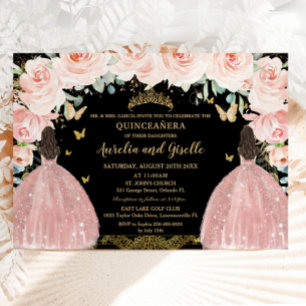 Twins Quinceañera Princess Blush Floral Gold Black Invitation