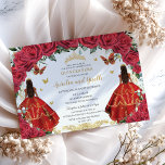 Twins Quinceañera Princesses Red Roses Floral Gold Invitation<br><div class="desc">Personalize this lovely vibrant red roses gold quinceañera invitation with your own wording easily and quickly, simply press the customize it button to further re-arrange and format the style and placement of the text.  Featuring beautiful red roses, two girls in red dresses, butterflies and elegant gold accents. The butterflies, quince...</div>