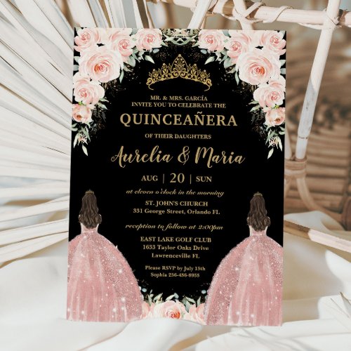 Twins Quinceaera Soft Blush Floral Roses Flowers Invitation