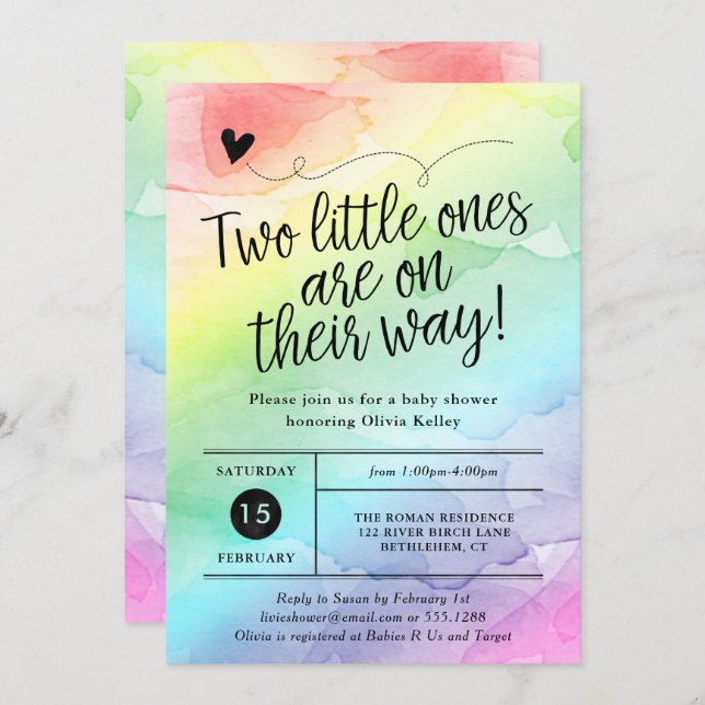 Twins Rainbow Baby Shower, Gender Neutral Invitation (Front/Back)