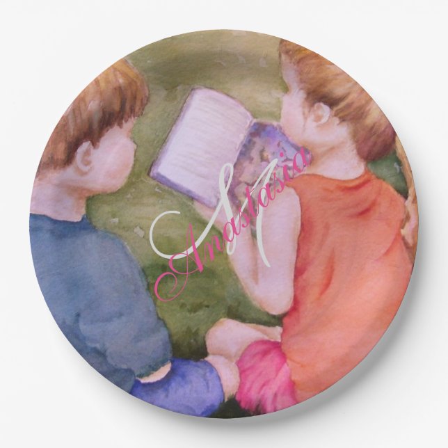 TWINS READING A BOOK MONOGRAM PARTY PAPER PLATES (Front)