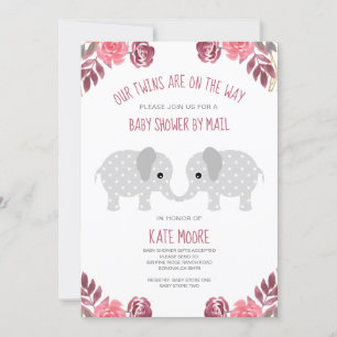 Twins Red Floral Elephant Baby Shower By Mail Invitation