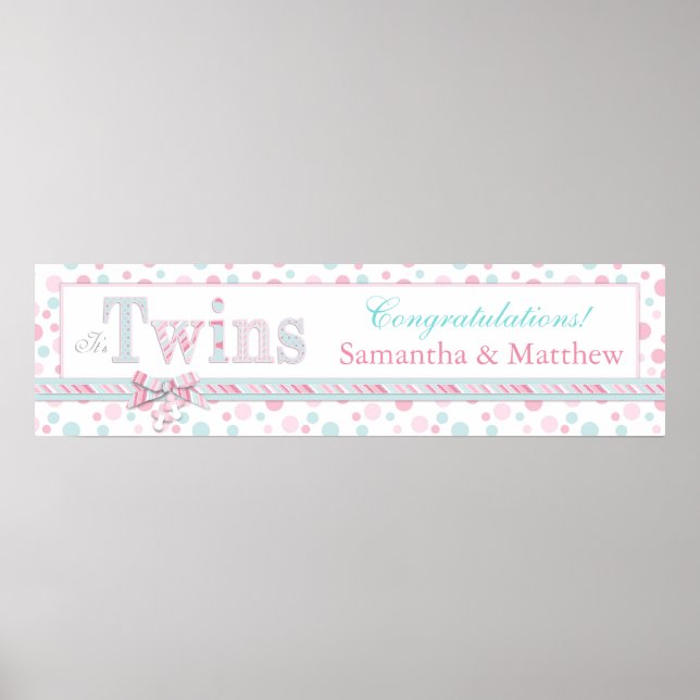 TWINS Retro Pink Aqua Dots Baby Shower Banner Poster (Front)