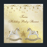 Twins Rocking Horses Neutral Christmas Baby Shower Invitation<br><div class="desc">Beautiful classy neutral gold Twins Christmas Baby Shower invites with elegant white and gold rocking horses, pretty gold star, sparkle hanging ornaments and bows on a glamorous, beautiful golden gradient background. Chic, stylish, modern festive invitations with a romantic vintage elegance feel. All text is fully customizable to meet your needs....</div>