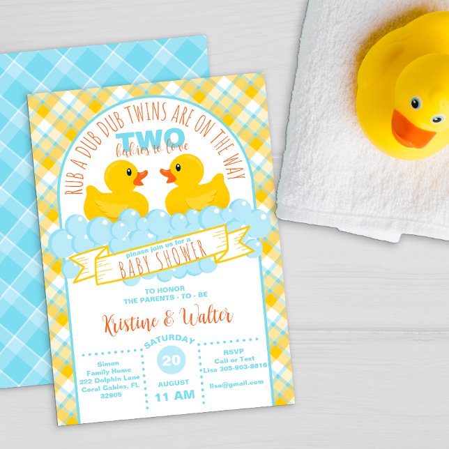Twins Rubber Duck Baby Shower Invitation – Gender  (gender neutral rubber duck bubbles baby shower invitation for twins)