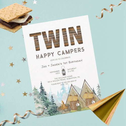 Twins Rustic One Happy Camper Birthday Invitation