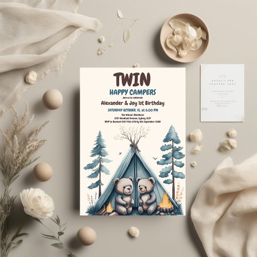 Twins Rustic One Happy Camper Birthday Invitation