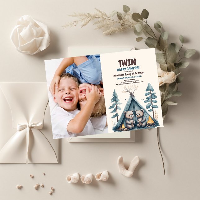 Twins Rustic One Happy Camper Birthday Invitation (Creator Uploaded)