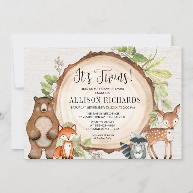 Twins rustic woodland gender neutral baby shower invitation (Front)