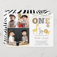 Twins Safari 1st Birthday Party, Multiple Photos Invitation