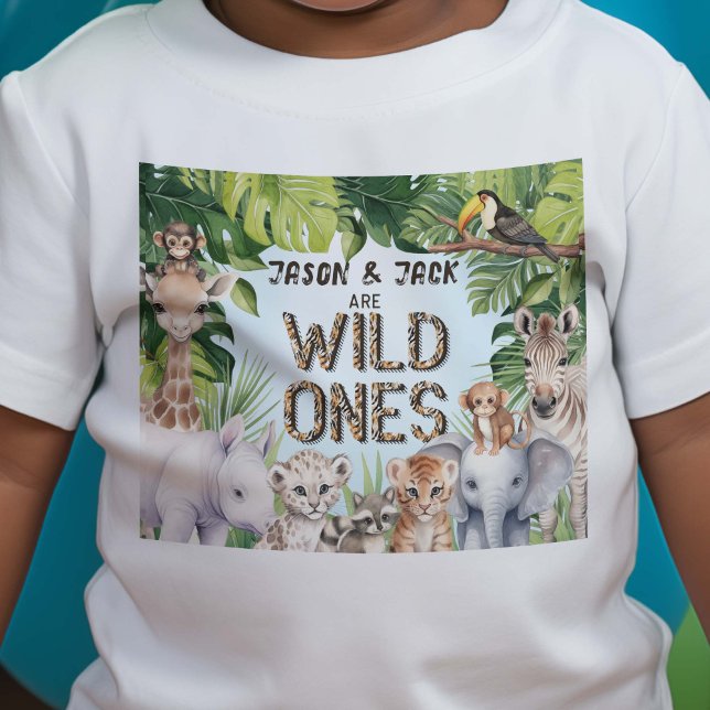 Twins Safari Animals, Blue Jungle, Baby Boys 1st  Baby T-Shirt (Twins Wild Ones Safari Jungle Animals 1st birthday t-shirt.)