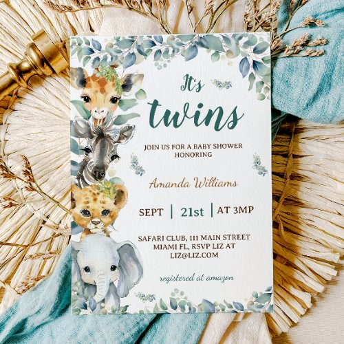 Twins Safari Animals Boho Baby Shower Invitation