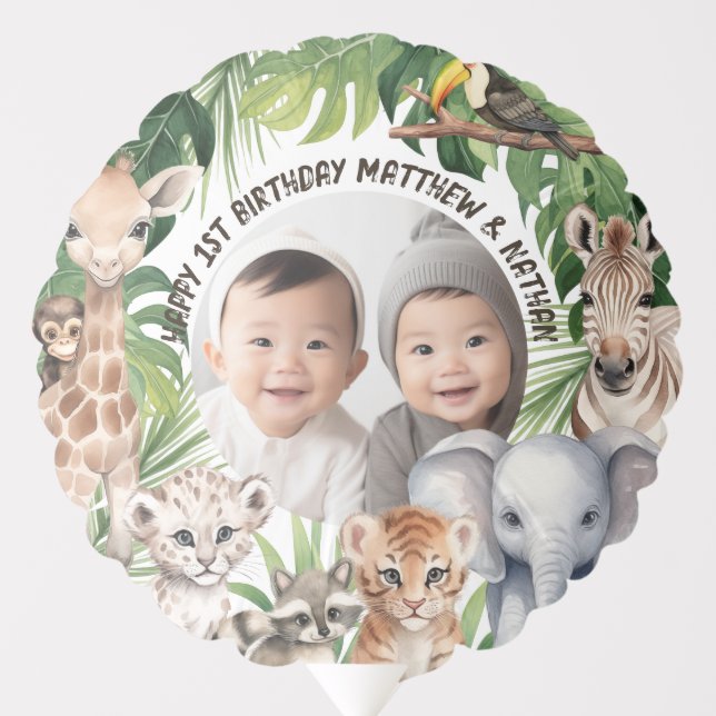 Twins Safari Animals Wild Ones Happy 1st Birthday Balloon (Front)