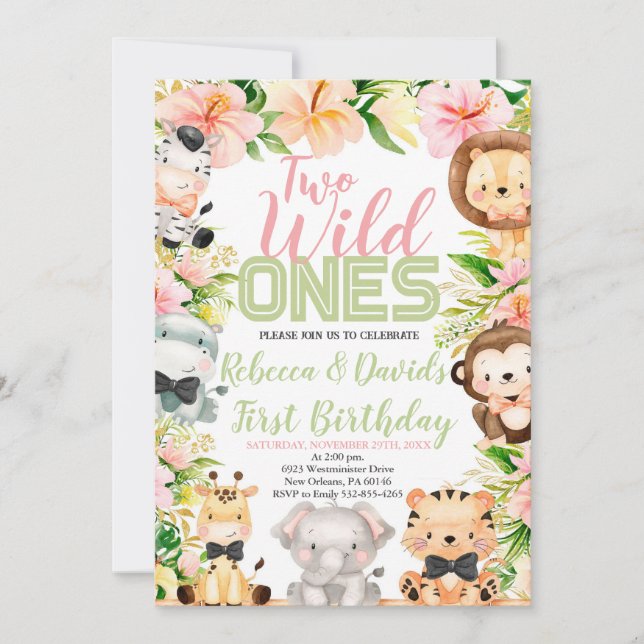 Twins Safari Birthday, Jungle WILD Ones Animals Invitation (Front)