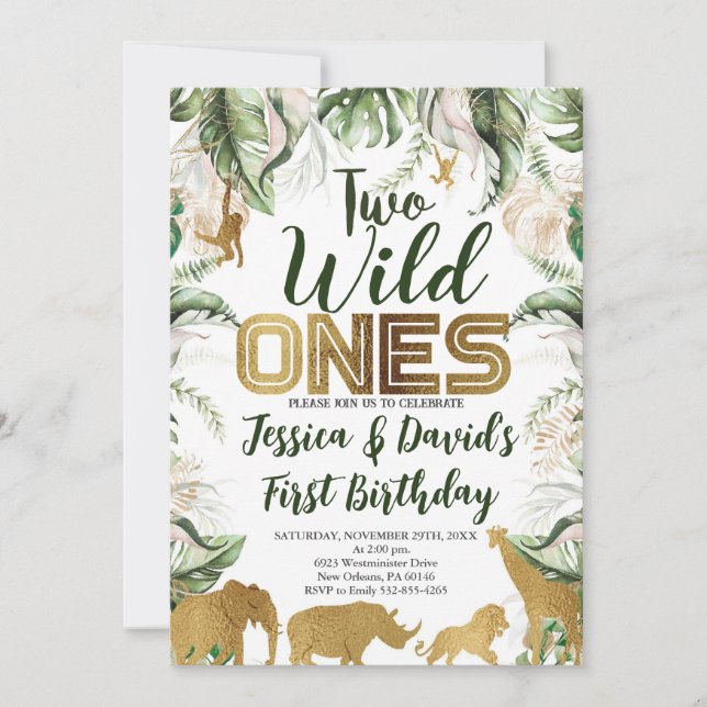 Twins Safari Birthday, Jungle WILD Ones Animals Invitation (Front)