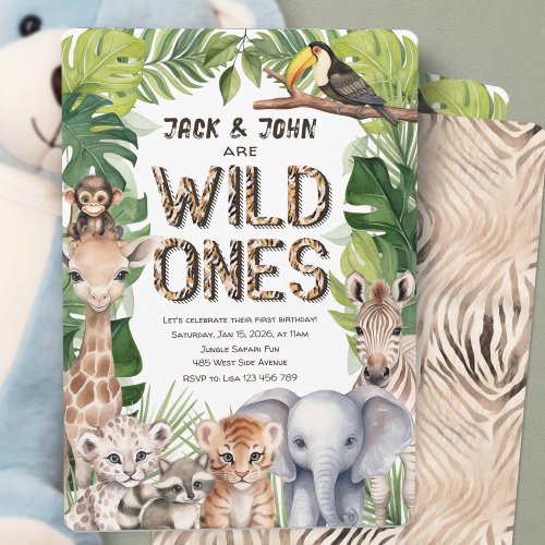 Twins Safari boy 1st birthday Jungle Wild One Invitation