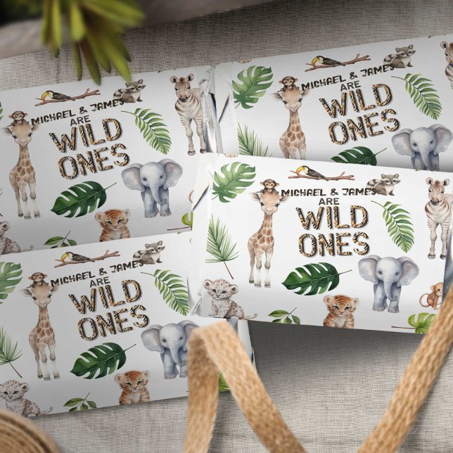 Twins Safari Themed Wild One 1st birthday Hershey's Miniatures (Twins Safari Themed baby boys 1st birthday chocolate party favors.)