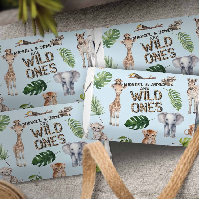 Twins Safari Wild One Jungle themed 1st birthday Hershey's Miniatures (Twins Baby Boy 1st birthday, Wild One Safari themed birthday chocolate favors.)