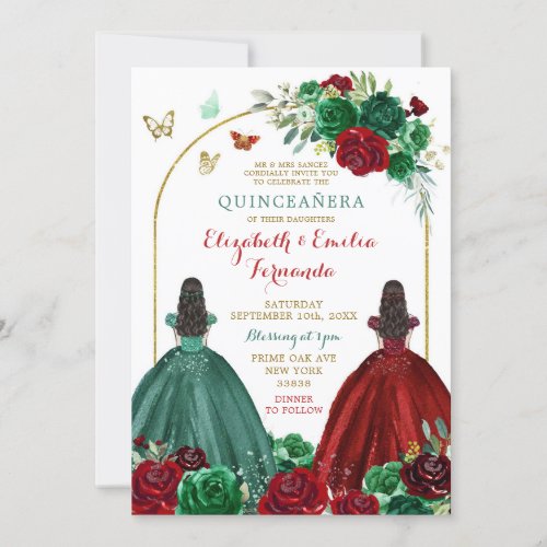Twins Sisters Hunter Green Red Rose Quinceaera Invitation