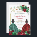 Twins Sisters Hunter Green Red Rose Quinceañera Invitation<br><div class="desc">Twins Sisters Hunter Green Red Rose Quinceañera Invitation</div>