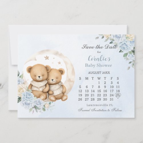 Twins Sleeping Bears Moon Blue Floral Baby Shower Save The Date