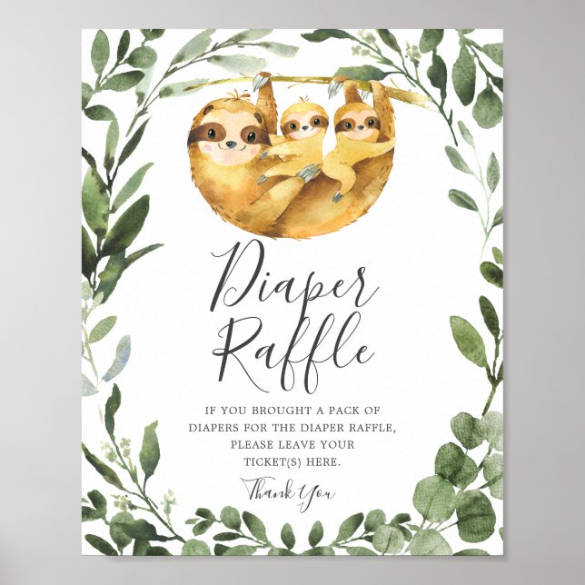 Twins Sloth Baby Shower Diaper Raffle Sign (Front)