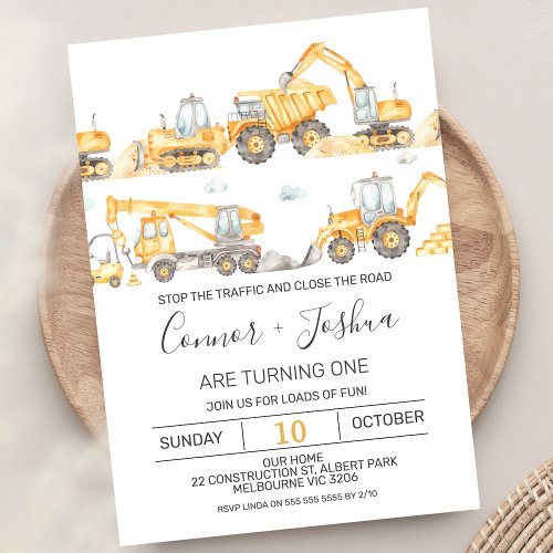 Twins Stop The Traffic Under Construction Birthday Invitation