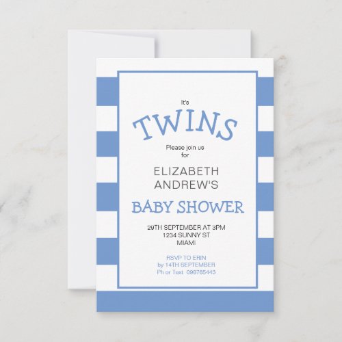 Twins Striped Blue Baby Shower Invitation