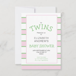 Twins Striped  Pink Green Baby Shower Invitation