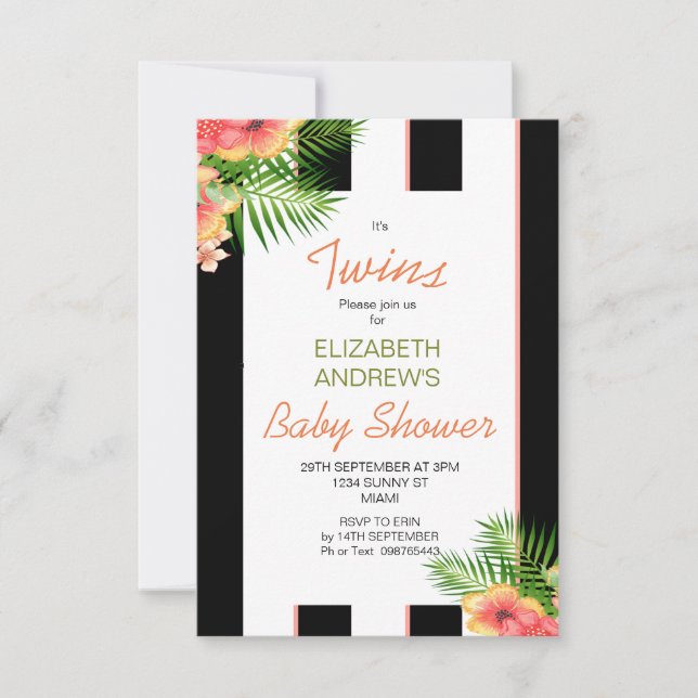 Twins Striped Tropical Coral Baby Shower Invitation (Front)