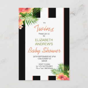 Twins Striped Tropical Coral Baby Shower Invitation