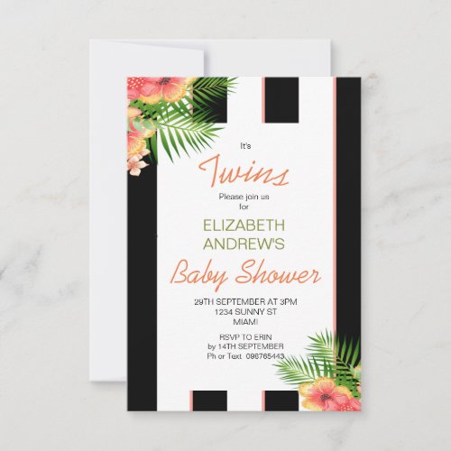 Twins Striped Tropical Coral Baby Shower Invitation